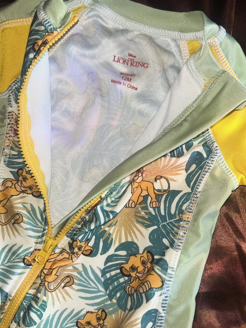 Kids Yellow & Mint Lion Print Long-Sleeve Swimsuit with Sun Hat
